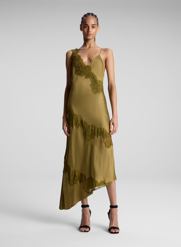 a.l.c. Stella Satin and Lace Midi Dress Pyrite