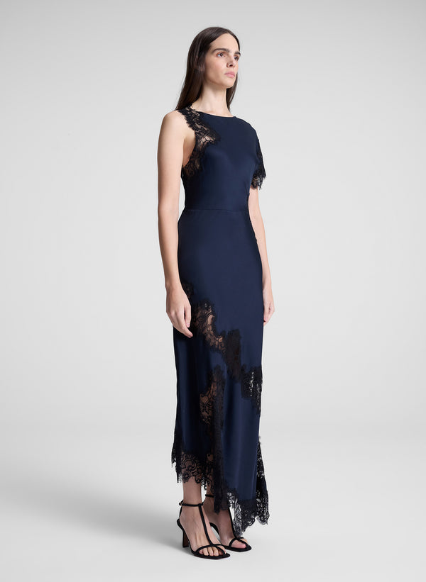 A.l.c. Alessia Satin And Lace Maxi Dress Dark Sapphire/Black