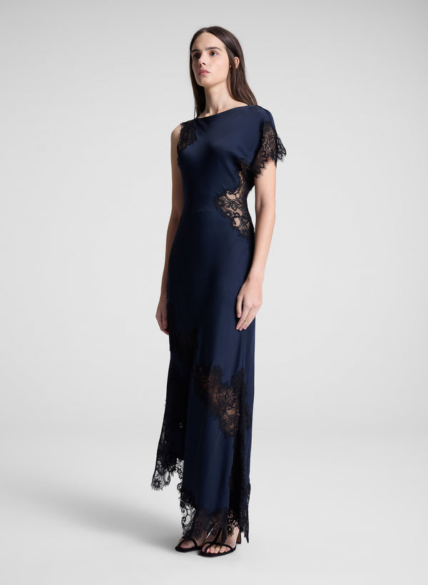 A.l.c. Alessia Satin And Lace Maxi Dress Dark Sapphire/Black