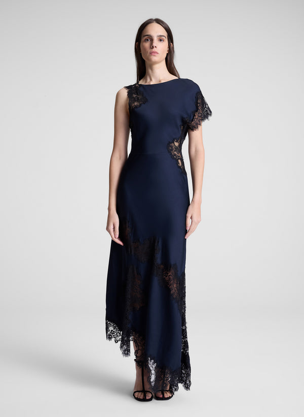 a.l.c. Alessia Satin and Lace Maxi Dress Dark Sapphire/Black