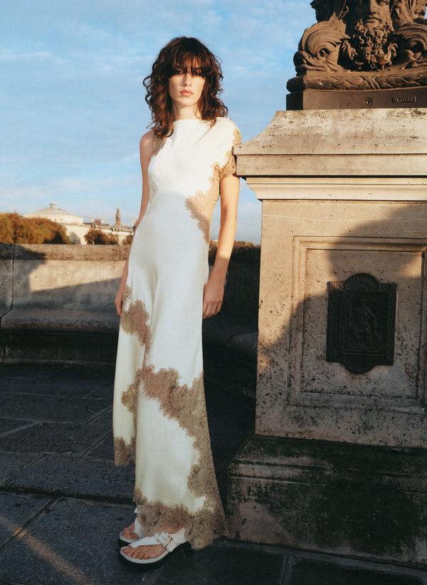 a.l.c. Alessia Satin and Lace Maxi Dress Light Canary/Beige