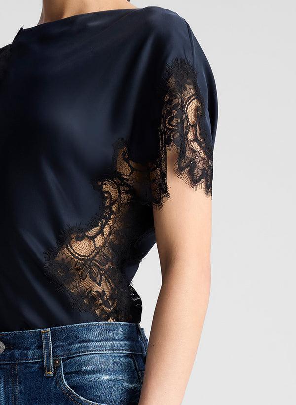 A.l.c. Alessia Satin And Lace Top Dark Sapphire/Black