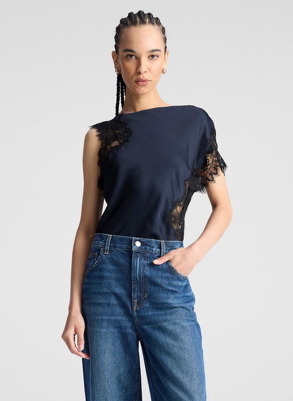 a.l.c. Alessia Satin and Lace Top Dark Sapphire/Black