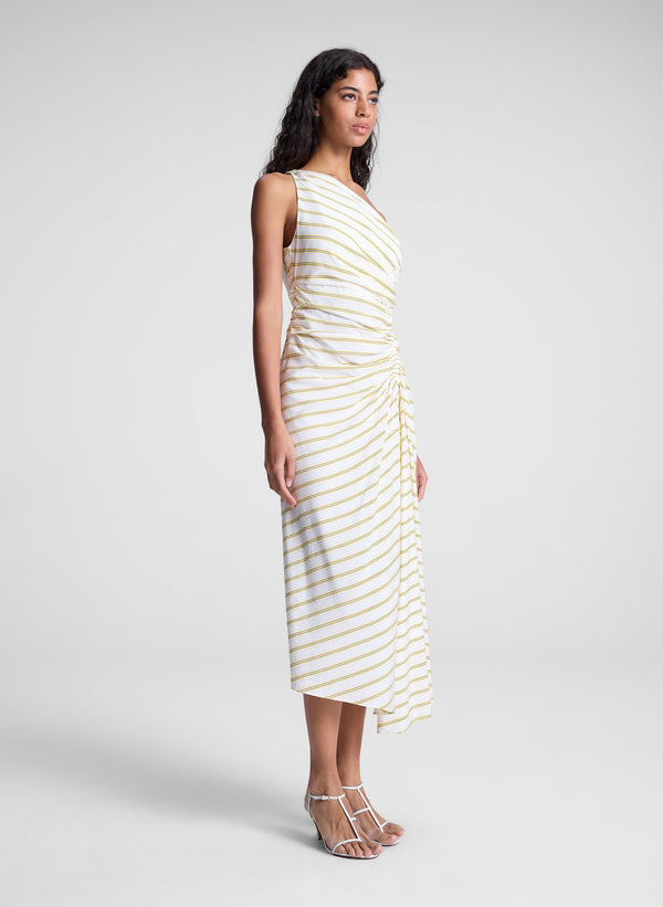 A.l.c. Carolyn One Shoulder Striped Midi Dress Canary Stripe