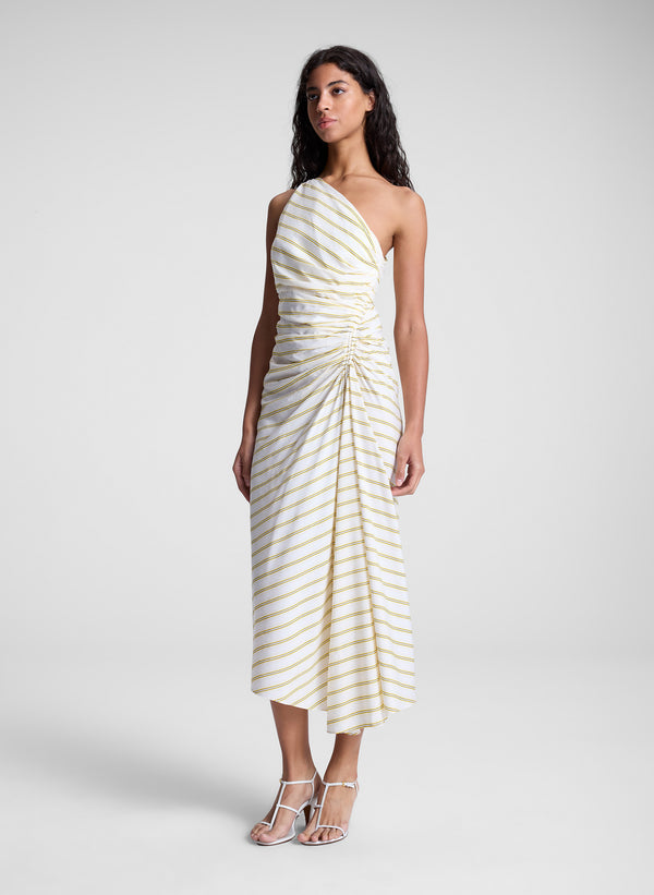 A.l.c. Carolyn One Shoulder Striped Midi Dress Canary Stripe