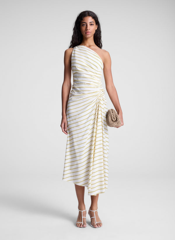 a.l.c. Carolyn One Shoulder Striped Midi Dress Canary Stripe