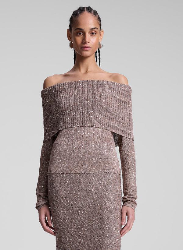 a.l.c. Evelyn Metallic Knit Off Shoulder Top Mauve/Silver