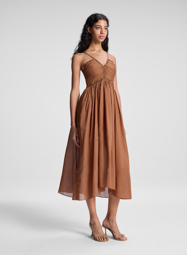 A.l.c. Rumi Embellished Cotton Midi Dress Light Chestnut