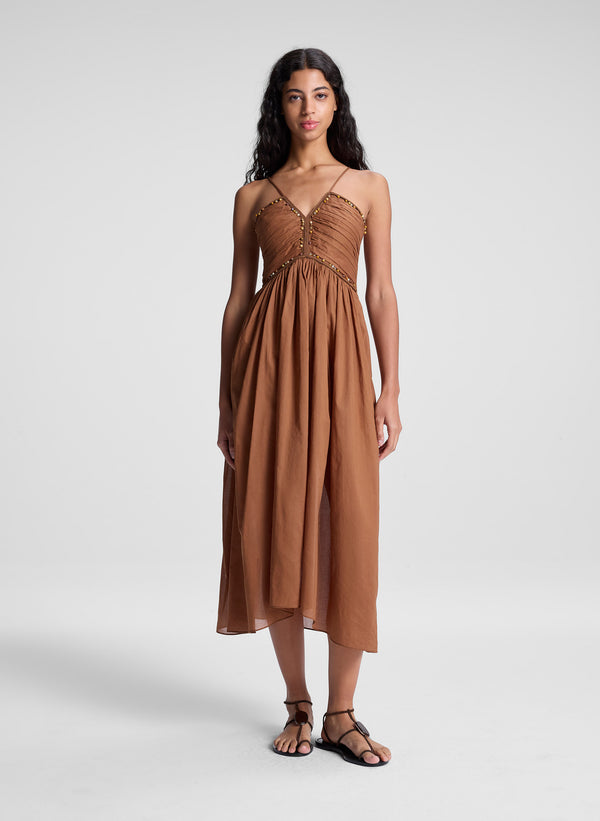 a.l.c. Rumi Embellished Cotton Midi Dress Light Chestnut