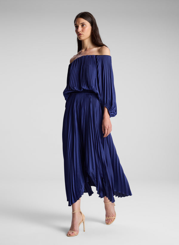 A.l.c. Sienna Satin Pleated Off Shoulder Dress Riviera