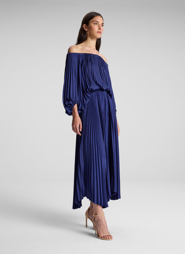 A.l.c. Sienna Satin Pleated Off Shoulder Dress Riviera