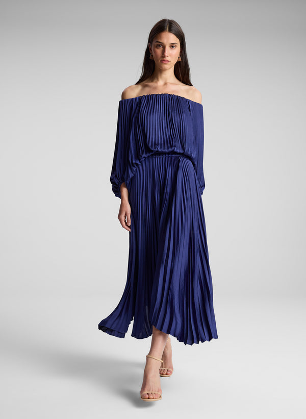 a.l.c. Sienna Satin Pleated Off Shoulder Dress Riviera