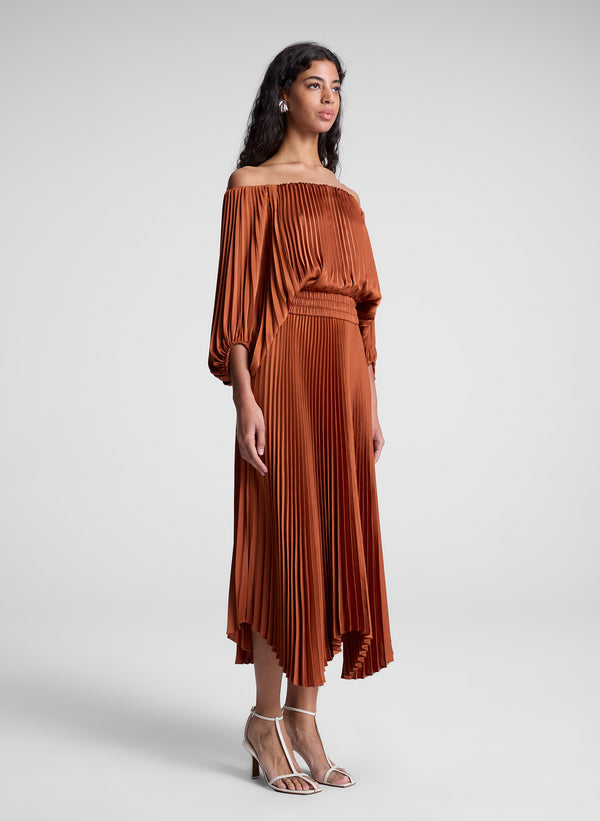 A.l.c. Sienna Satin Pleated Off Shoulder Midi Dress Red Rock