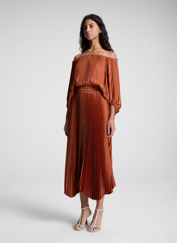 A.l.c. Sienna Satin Pleated Off Shoulder Midi Dress Red Rock