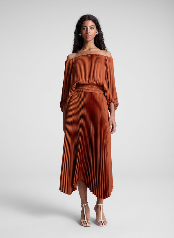 a.l.c. Sienna Satin Pleated Off Shoulder Midi Dress Red Rock