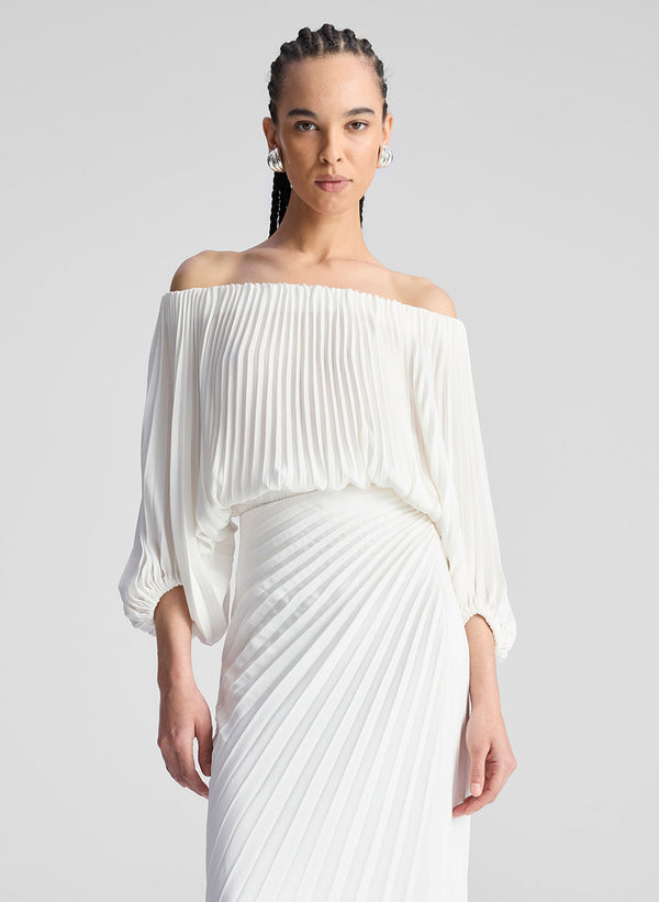a.l.c. Sienna Satin Pleated Off Shoulder Top Whisper White