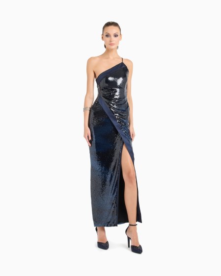 A|x Armani Exchange One-shoulder Long Tulle Dress With Sequin Embroidery