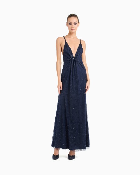 A|x Armani Exchange Silk Blend Long Dress With Rhinestone Embroidery