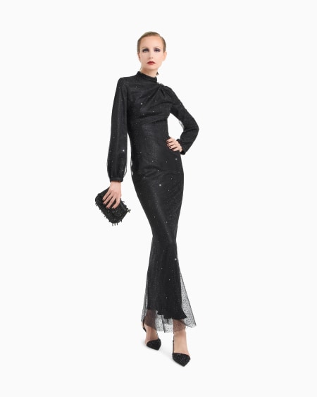 A|x Armani Exchange Silk Long Dress With Rhinestone Embroidery