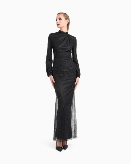 A|x Armani Exchange Silk Long Dress With Rhinestone Embroidery