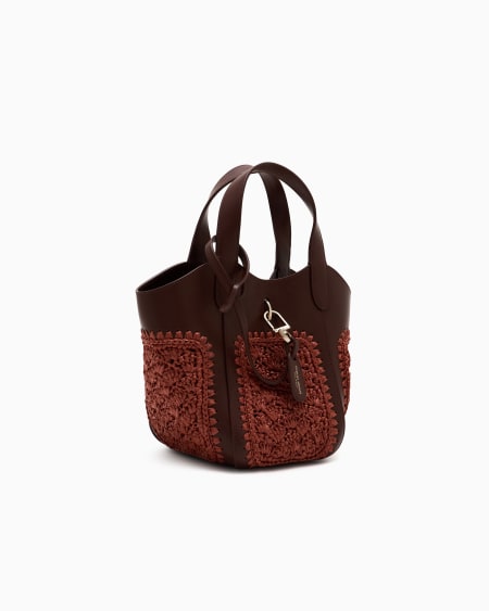 A|x Armani Exchange Small Handbag In Leather And Fan-stitch Raffia