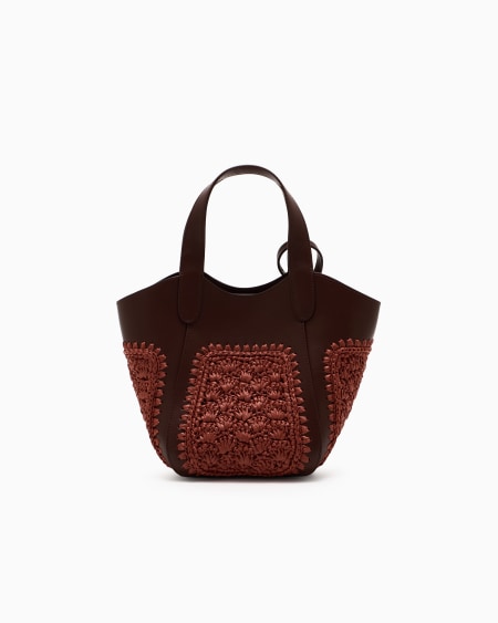 A|x Armani Exchange Small Handbag In Leather And Fan-stitch Raffia