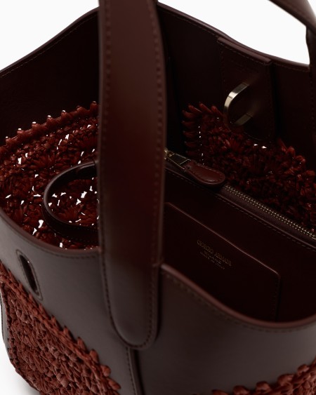 A|x Armani Exchange Small Handbag In Leather And Fan-stitch Raffia