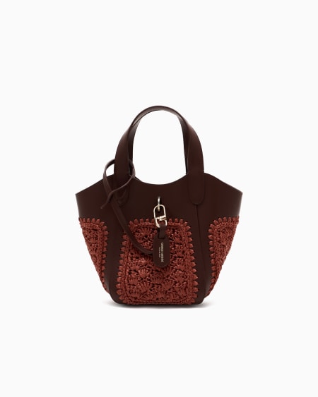 a|x armani exchange Small handbag in leather and fan-stitch raffia
