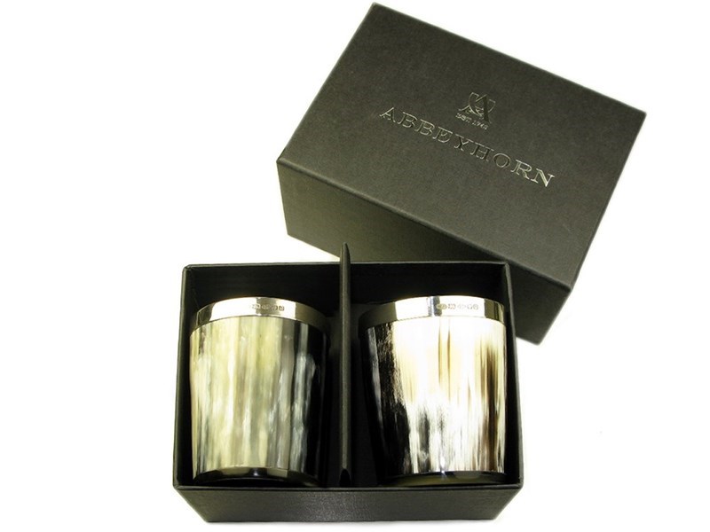 abbeyhorn Horn Whisky Tot with Silver Band - Polished - Two Boxed