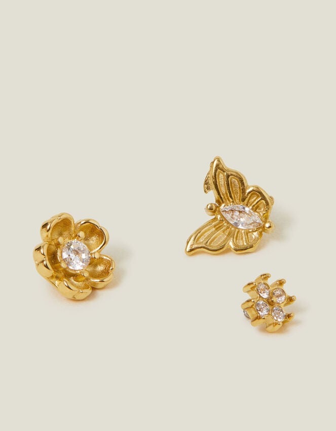 accessorize 3-Pack 14ct Gold-Plated Flower Flatback Stud Earrings