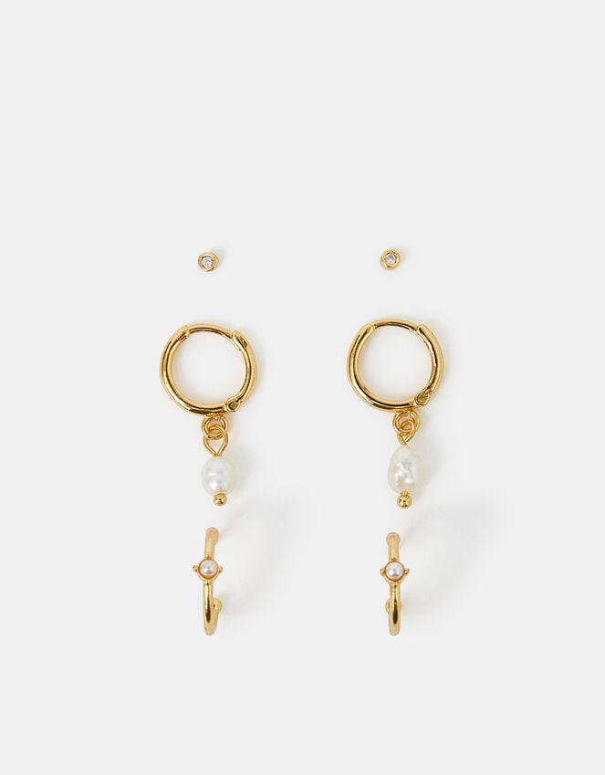 Accessorize 3-Pack 14ct Gold-Plated Pearl And Stud Hoop Earrings