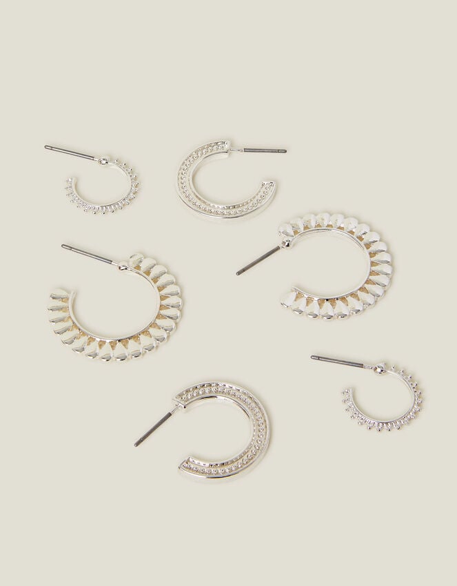 accessorize 3-Pack Mix Texture Hoop Earrings Silver