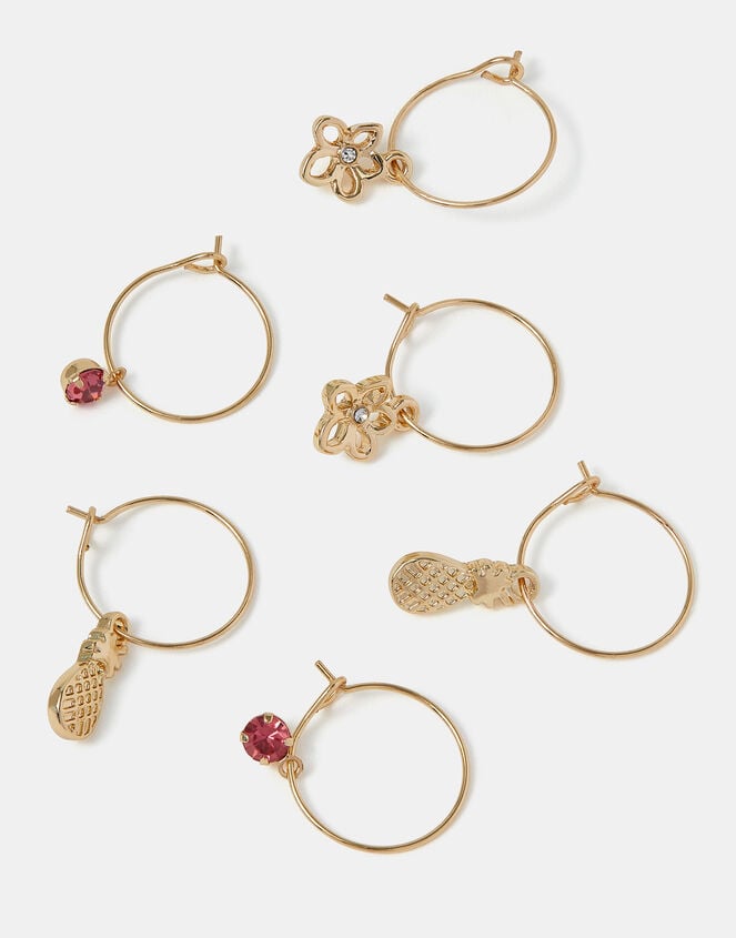 accessorize 3-Pack Pineapple Gem Charm Hoop Earrings