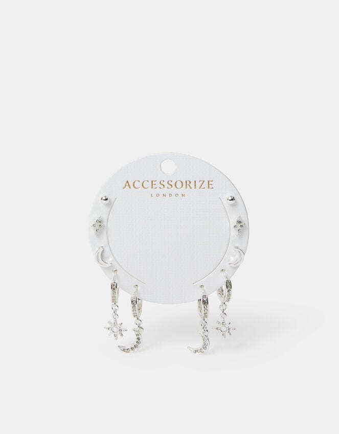 Accessorize 5-Pack Celestial Diamante Stud And Hoop Earrings Silver