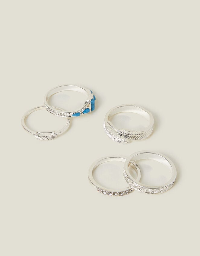 accessorize 5-Pack Feather Stone Rings Silver Silver