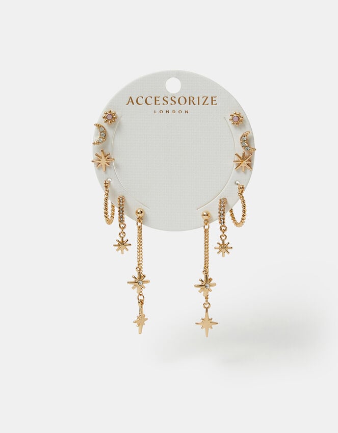 Accessorize 6-Pack Celestial Chain Stud And Hoop Earrings Gold
