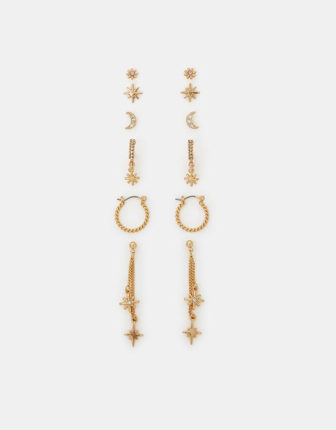 accessorize 6-Pack Celestial Chain Stud and Hoop Earrings Gold