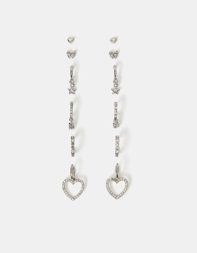 Accessorize 6-Pack Pavé Heart Stud And Hoop Earrings Silver
