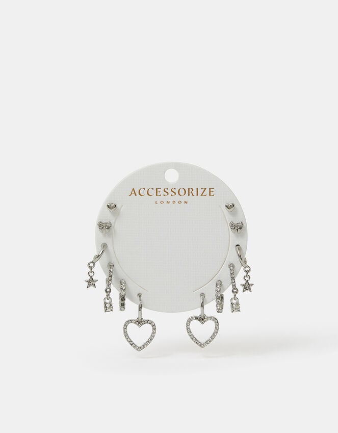 Accessorize 6-Pack Pavé Heart Stud And Hoop Earrings Silver