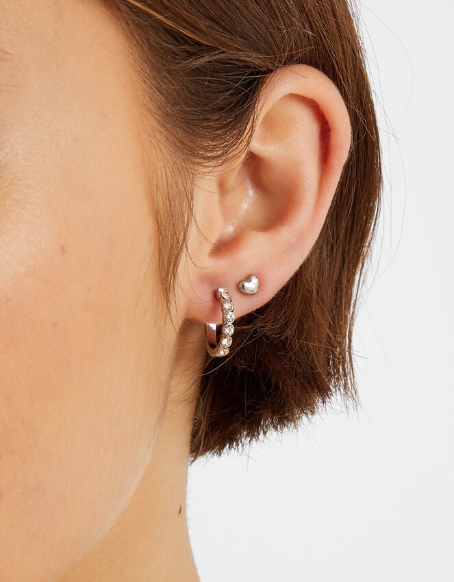 Accessorize 6-Pack Pavé Heart Stud And Hoop Earrings Silver