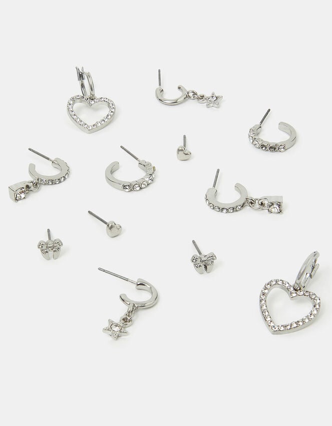accessorize 6-Pack Pavé Heart Stud and Hoop Earrings Silver