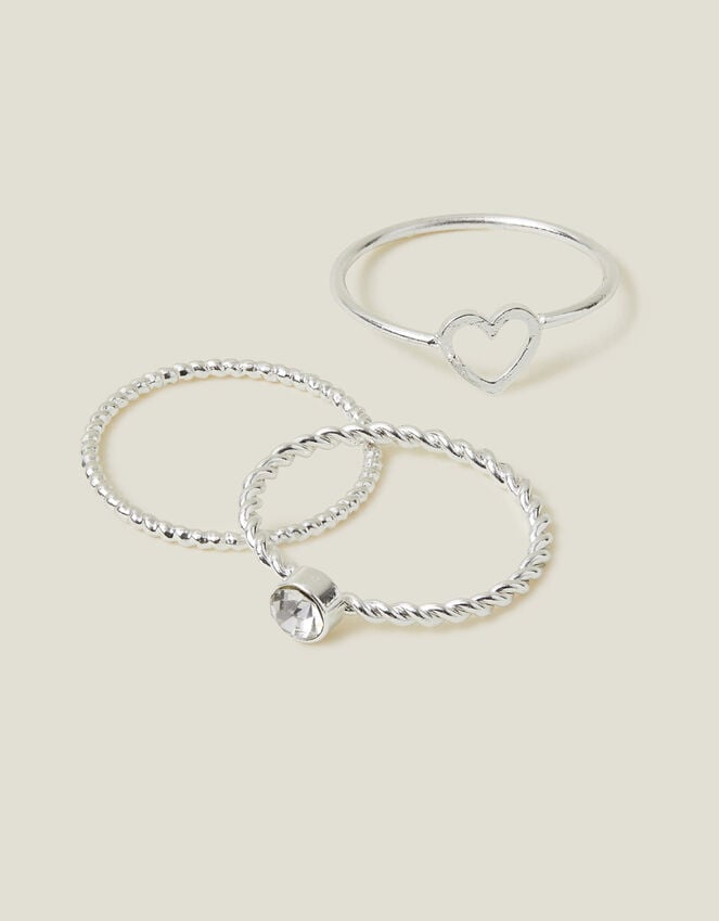accessorize 3-Pack Heart Gem Rings Silver