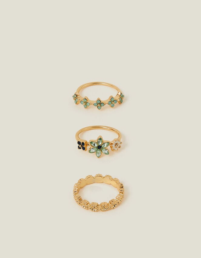 Accessorize 3-Pack Sparkle Flower Rings Green