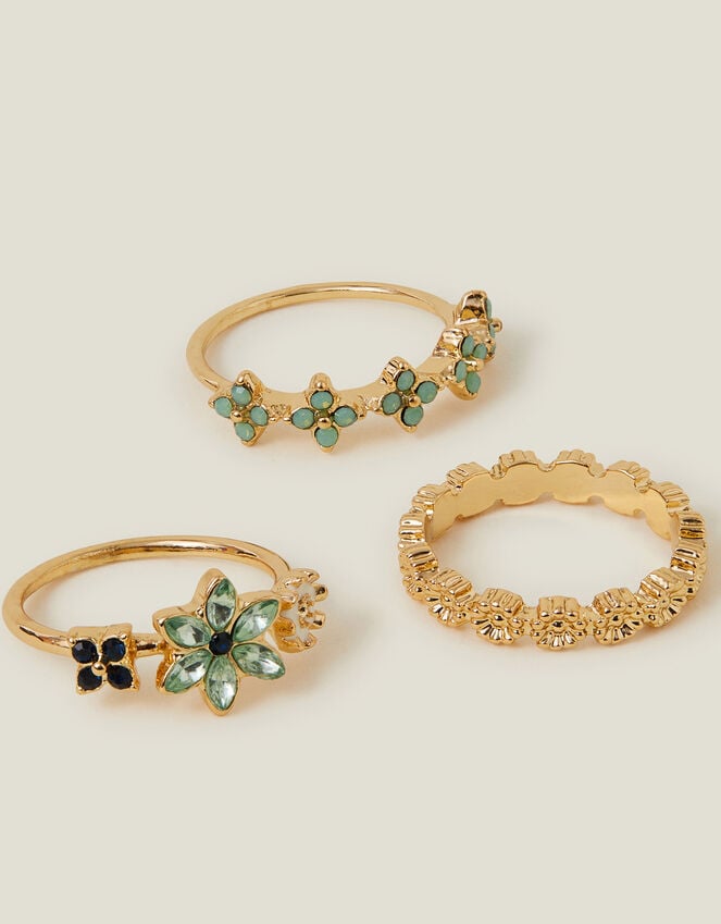 accessorize 3-Pack Sparkle Flower Rings Green