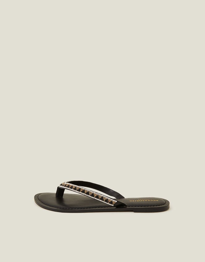 Accessorize Beaded Faux Leather Flip Flops Black