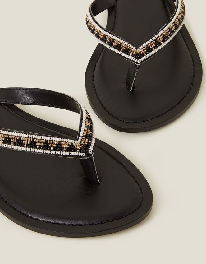 Accessorize Beaded Faux Leather Flip Flops Black
