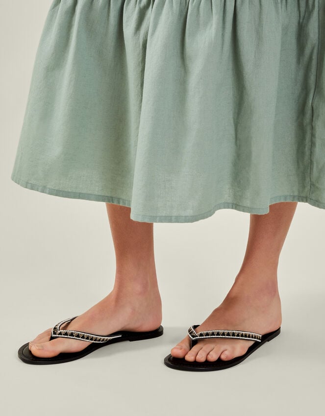 Accessorize Beaded Faux Leather Flip Flops Black