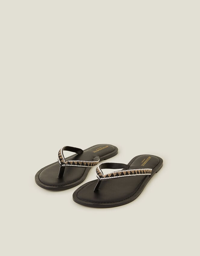 accessorize Beaded Faux Leather Flip Flops Black