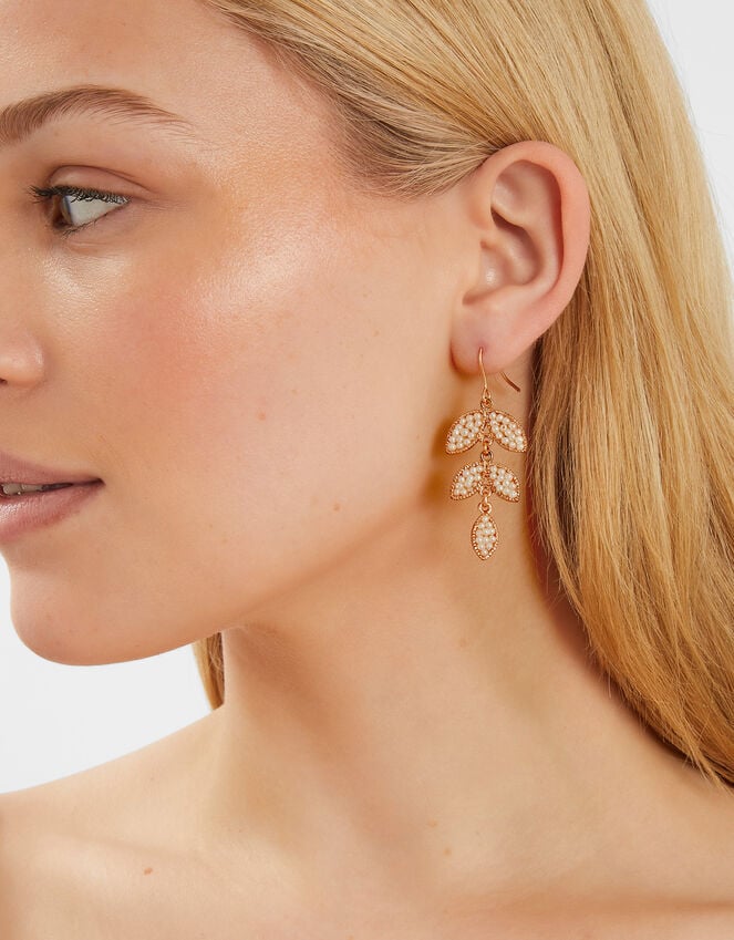 Accessorize Beaded Leaf Drop Earrings Pearl