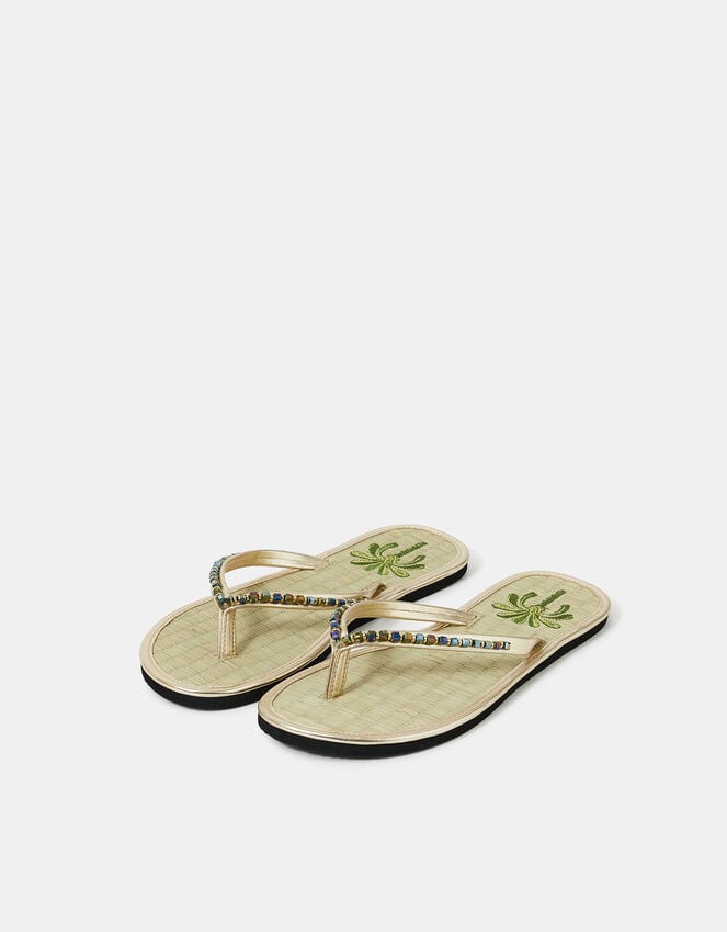 Accessorize Beaded Palm Seagrass Flip Flops Gold